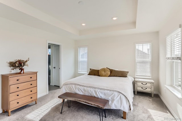 bedroom with multiple windows and light carpet