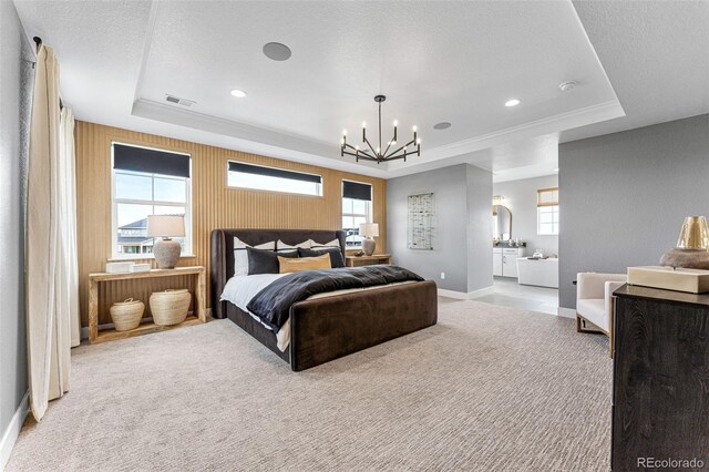 16565 Black Rose Cir, Parker, CO 80134 - carpeted bedroom featuring a raised ceiling, a chandelier, baseboards, and recessed lighting