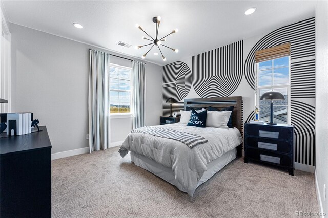 16565 Black Rose Cir, Parker, CO 80134 - bedroom with a chandelier, carpet flooring, recessed lighting, and baseboards