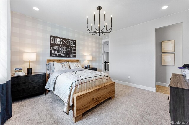 16565 Black Rose Cir, Parker, CO 80134 - carpeted bedroom featuring a chandelier, baseboards, and recessed lighting