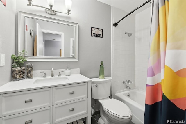 full bathroom featuring shower / bath combination with curtain, toilet, and large vanity