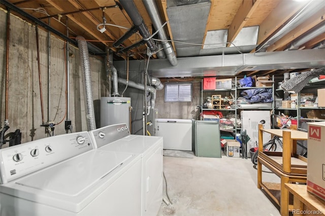 interior space with gas water heater and washer and clothes dryer