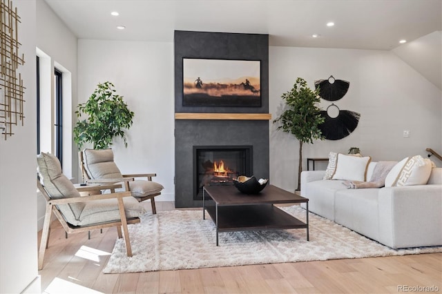 living room featuring a large fireplace and light hardwood / wood-style floors