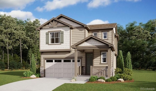 craftsman house with a garage, a front lawn, and concrete driveway