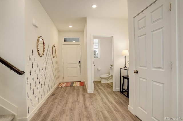 4444 N Picadilly Ct, Aurora, CO 80019 - entrance foyer with stairs, light wood-type flooring, baseboards, and recessed lighting