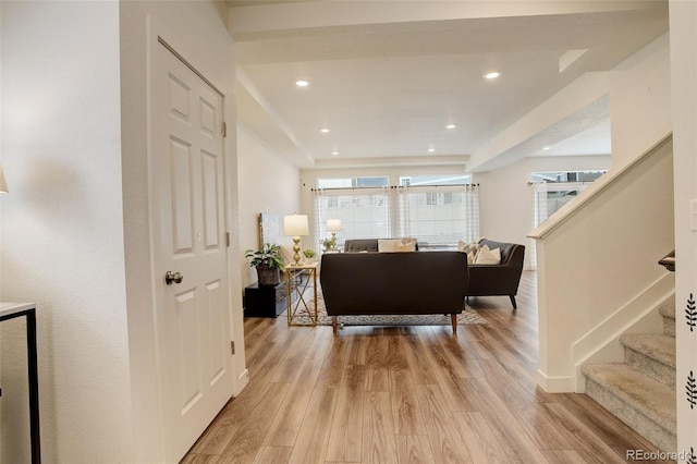 4444 N Picadilly Ct, Aurora, CO 80019 - living room featuring stairs, wood finished floors, and recessed lighting