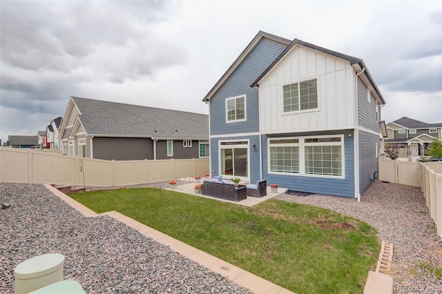 4444 N Picadilly Ct, Aurora, CO 80019 - rear view of house featuring an outdoor living space, board and batten siding, and a patio area