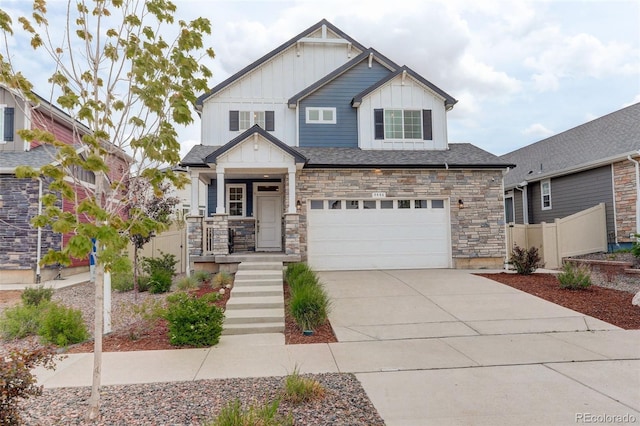 4444 N Picadilly Ct, Aurora, CO 80019 - craftsman-style home with board and batten siding, driveway, an attached garage, stone siding, and a porch