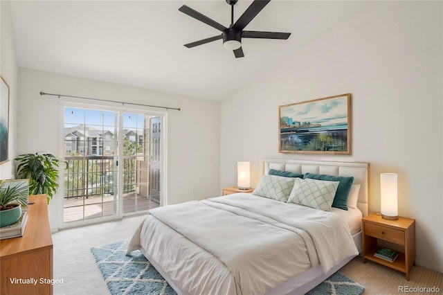 bedroom with access to exterior, a ceiling fan, carpet, and lofted ceiling