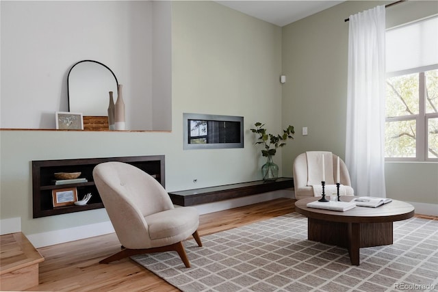 sitting room with wood finished floors, baseboards, and a fireplace