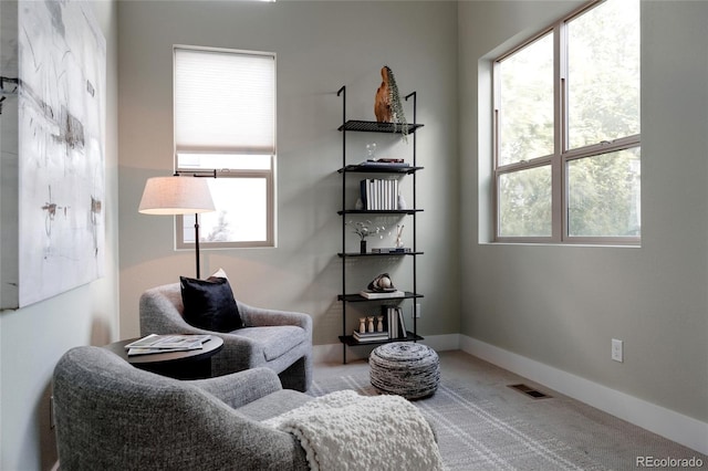 living area with healthy amount of natural light, carpet flooring, and baseboards
