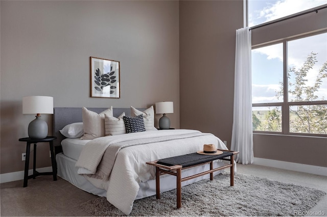 bedroom featuring carpet, multiple windows, and baseboards