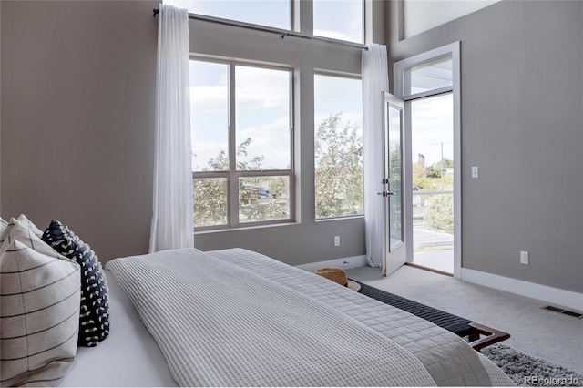 bedroom featuring carpet floors, access to exterior, and baseboards