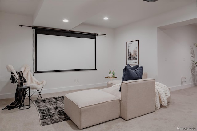 cinema room with carpet flooring, recessed lighting, and baseboards