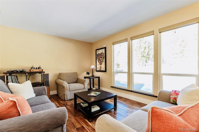 living room with a wealth of natural light, baseboards, and hardwood / wood-style flooring