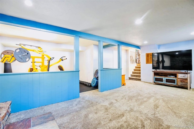 interior space with recessed lighting, stairway, and carpet floors