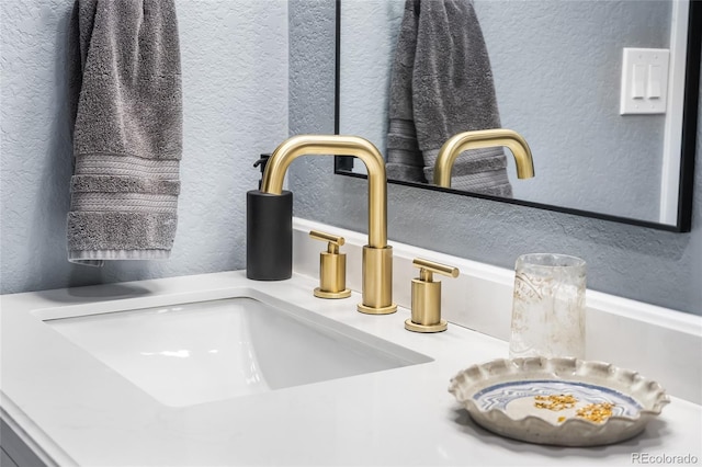 interior details with a textured wall and a sink