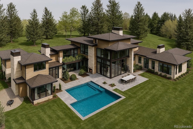 90 Meade Ln, Englewood, CO 80113 - back of house featuring a patio, a sunroom, a chimney, a yard, and an outdoor pool