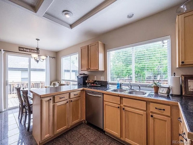 7053 Leopard Dr, Littleton, CO 80124 - kitchen featuring dishwasher, a peninsula, pendant lighting, and tile counters