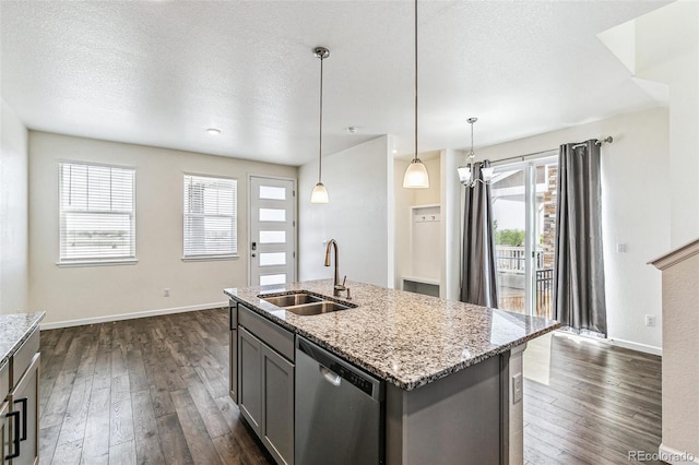 21761 E 7th Ave, Aurora, CO 80018 - kitchen with a sink, stainless steel dishwasher, dark wood-style floors, baseboards, and a textured ceiling