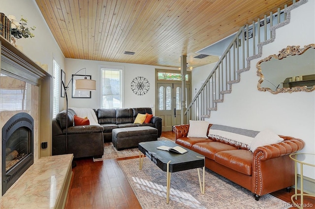 129 Lang St, Twin Lakes, CO 81251 - living area featuring dark wood-style flooring, wood ceiling, a fireplace, and stairway