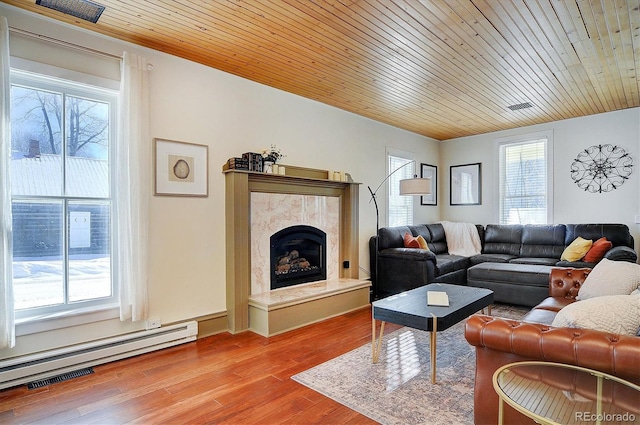 129 Lang St, Twin Lakes, CO 81251 - living room featuring wood finished floors, wooden ceiling, a premium fireplace, and a baseboard heating unit