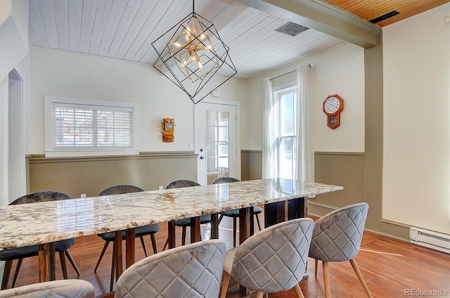 129 Lang St, Twin Lakes, CO 81251 - dining area with wood ceiling, a chandelier, wood finished floors, and a baseboard radiator