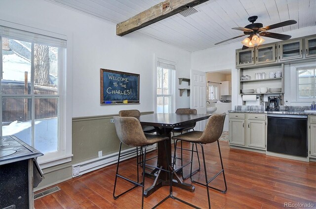 129 Lang St, Twin Lakes, CO 81251 - dining area with a baseboard heating unit, plenty of natural light, a wooden ceiling with exposed beams, dark wood-type flooring, and a ceiling fan