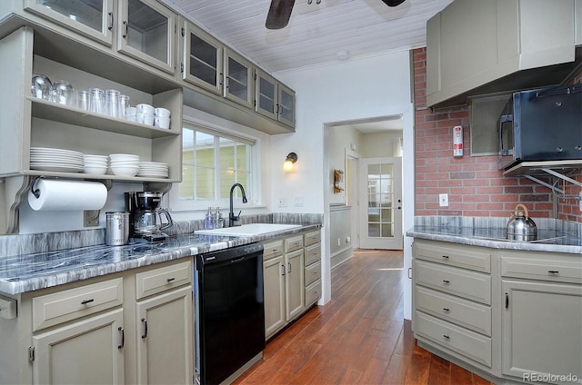 129 Lang St, Twin Lakes, CO 81251 - kitchen with black appliances, dark wood-style flooring, glass insert cabinets, open shelves, and light countertops