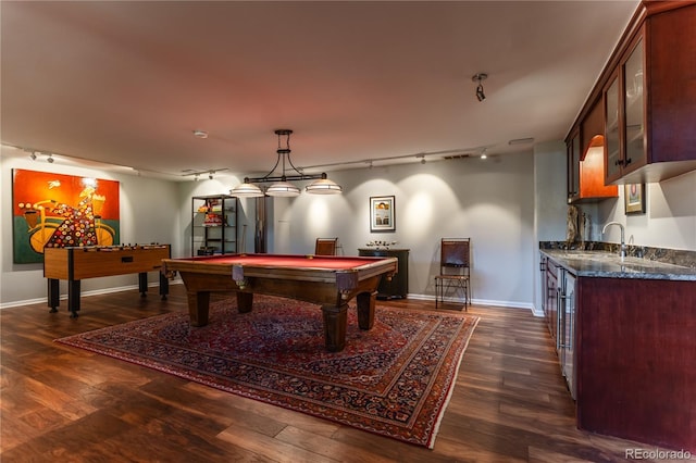 recreation room featuring dark wood-type flooring, pool table, and rail lighting