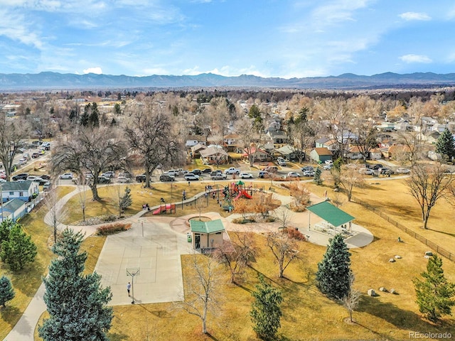 aerial view featuring a residential view and a mountain view