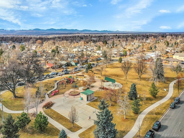 drone / aerial view featuring a mountain view