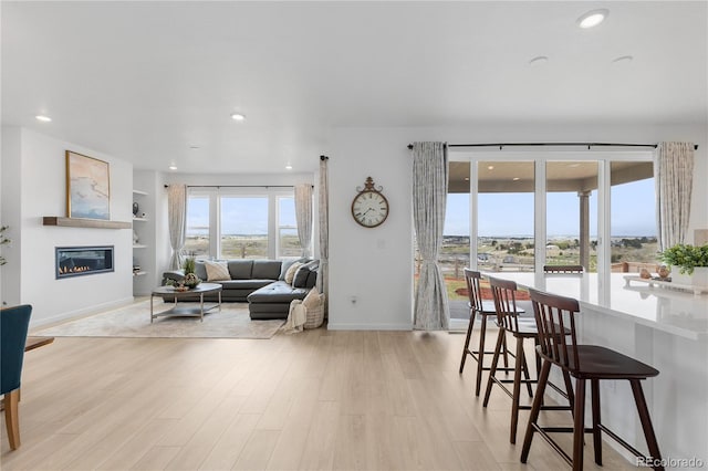 13446 Amber Sky St, Parker, CO 80134 - living room with baseboards, recessed lighting, a glass covered fireplace, light wood-style flooring, and built in features