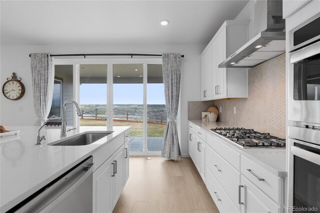13446 Amber Sky St, Parker, CO 80134 - kitchen with a sink, wall chimney range hood, stainless steel appliances, light countertops, and tasteful backsplash