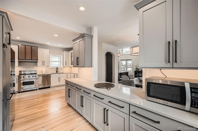 kitchen with light wood finished floors, arched walkways, stainless steel appliances, gray cabinetry, and a sink