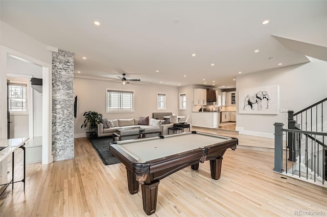 rec room with light wood-type flooring, pool table, baseboards, and recessed lighting