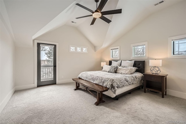 bedroom featuring lofted ceiling, access to outside, visible vents, and carpet flooring