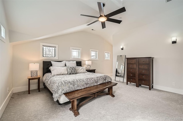 bedroom with lofted ceiling, ceiling fan, carpet flooring, visible vents, and baseboards