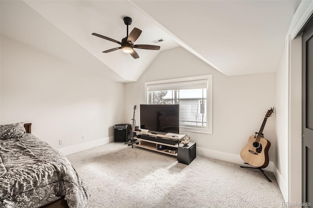 bedroom with lofted ceiling, carpet floors, a ceiling fan, visible vents, and baseboards