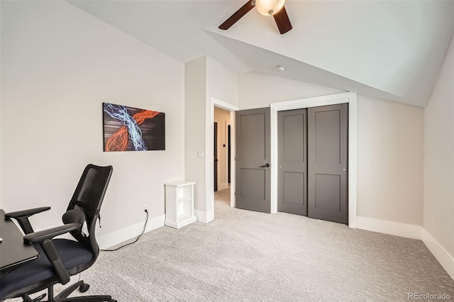 office with lofted ceiling, light carpet, ceiling fan, and baseboards