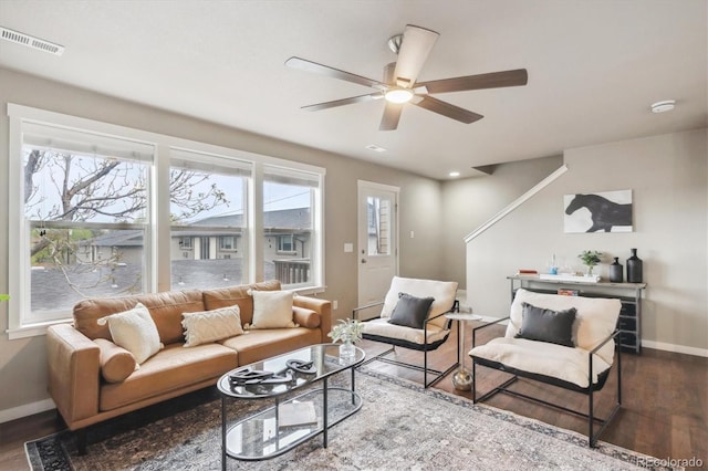 1095 W 69th Ave, Denver, CO 80221 - living area featuring dark wood finished floors and a ceiling fan