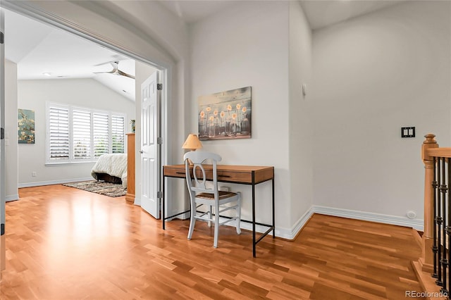 10152 Bluffmont Ln, Lone Tree, CO 80124 - home office with wood finished floors, lofted ceiling, and a ceiling fan