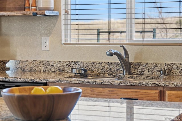 room details with dishwasher, a textured wall, stone counters, and a sink