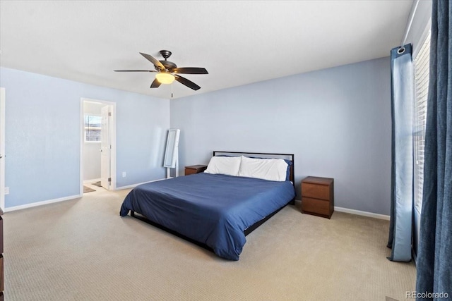 bedroom featuring a ceiling fan, carpet flooring, and baseboards