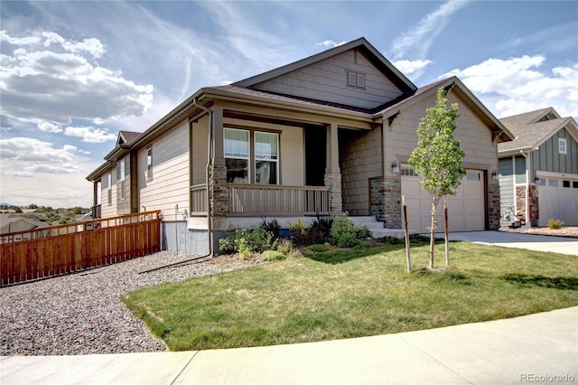 4090 Forever Cir, Castle Rock, CO 80109 - craftsman-style house with a porch, concrete driveway, an attached garage, and stone siding