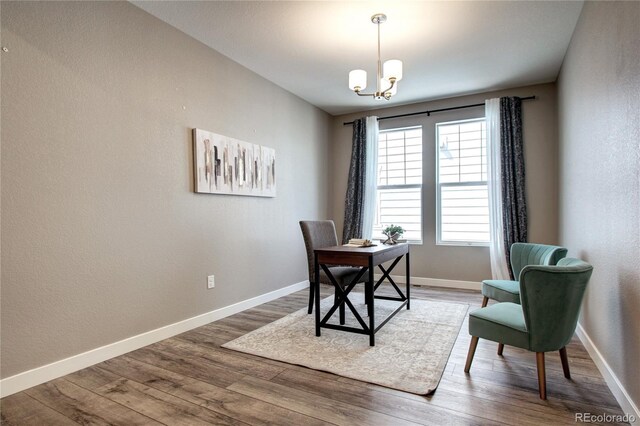 4090 Forever Cir, Castle Rock, CO 80109 - office with wood finished floors, a chandelier, baseboards, and a textured wall