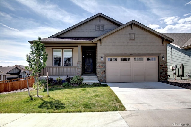 4090 Forever Cir, Castle Rock, CO 80109 - craftsman-style home featuring stone siding, concrete driveway, a garage, and a porch