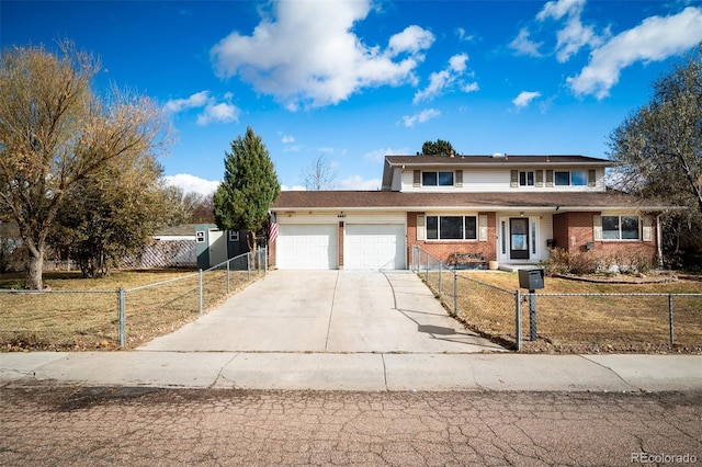 traditional-style house featuring an attached garage, a fenced front yard, concrete driveway, and brick siding