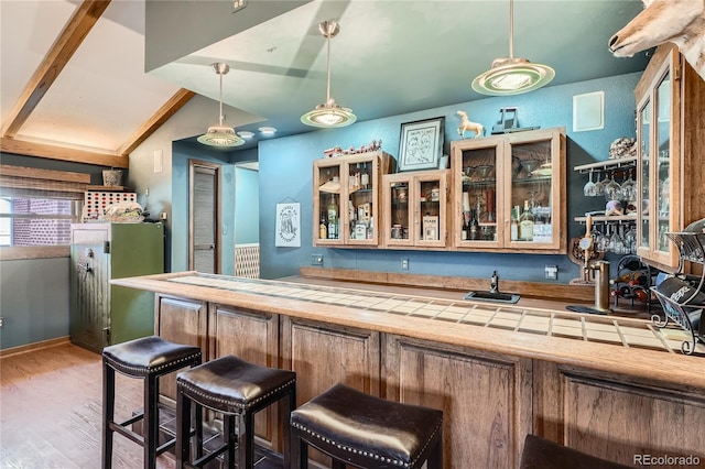 7005 S Ash Cir, Centennial, CO 80122 - bar with hanging light fixtures, wood finished floors, indoor wet bar, baseboards, and lofted ceiling