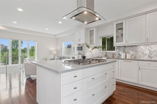 2945 E 26th Avenue Parkway, Denver, CO 80205 - kitchen featuring stainless steel appliances, island range hood, dark wood-type flooring, decorative backsplash, and recessed lighting